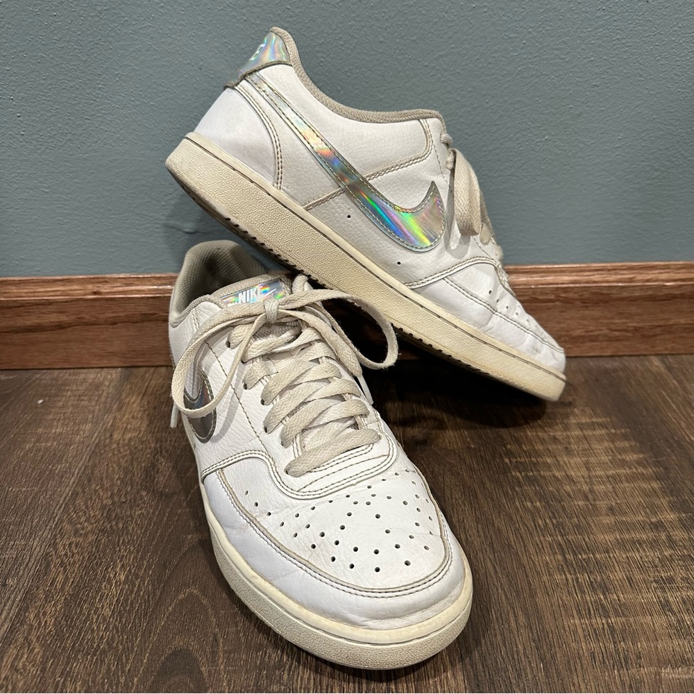 Nike Court Vision Low White Sneakers Shoes Womens 9 Iridescent Swoosh
